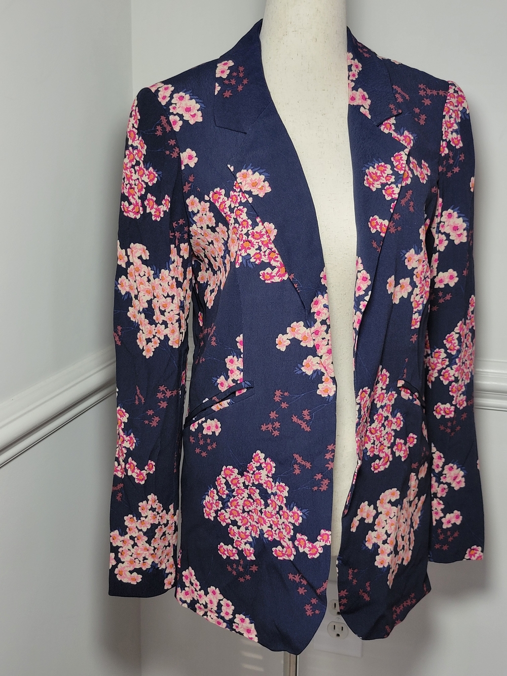 Cynthia Rowley XS Navy Pink Floral Blazer Dark Botanical Statement Jacket